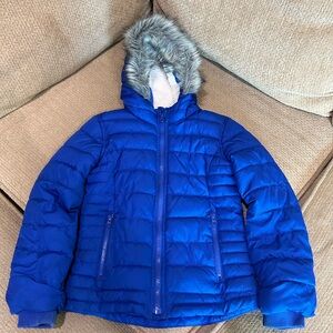 Old Navy Royal Kids Blue Puffer Jacket with Faux Fur Hood